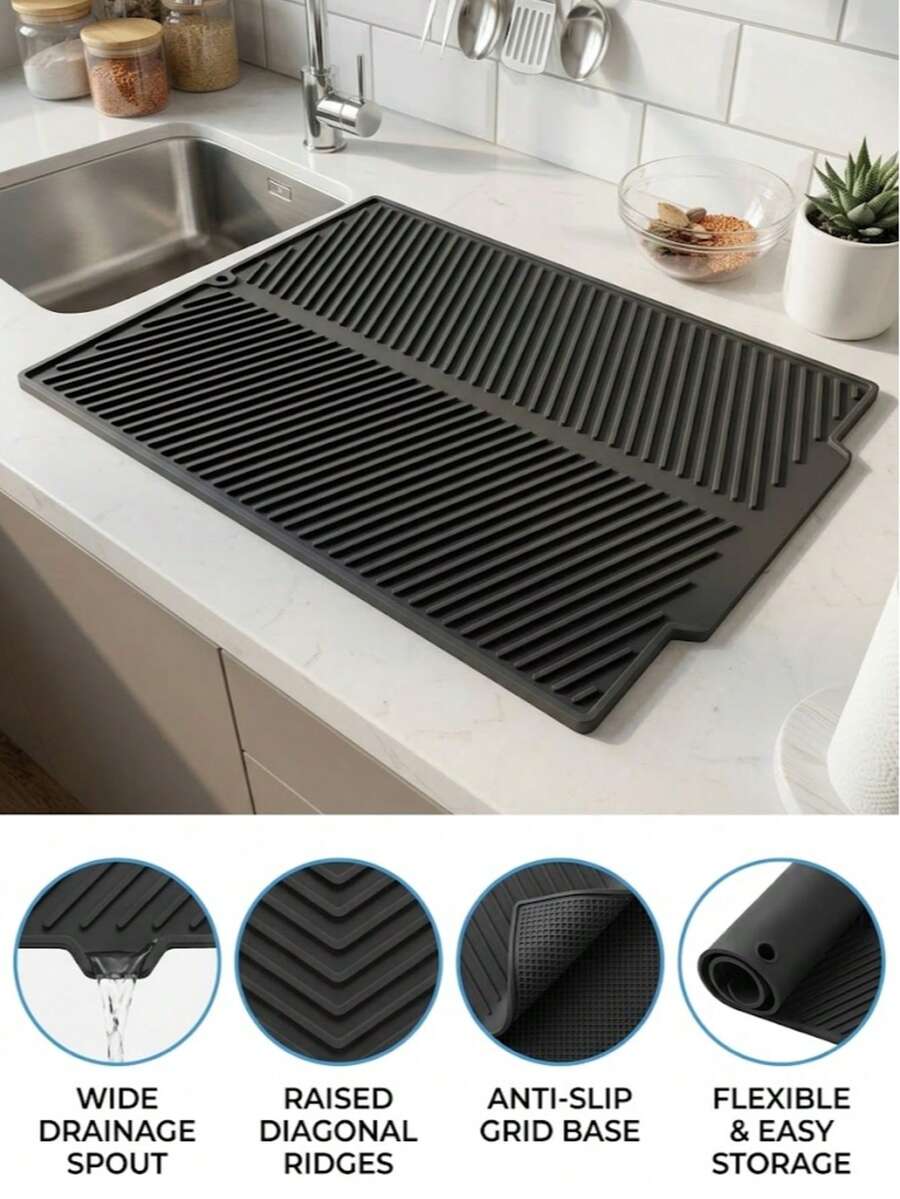Large Silicone Dish Drying Mat, Foldable Kitchen Drying Mat, Dish Drainer Mat, Sink Non-Slip Drying Mat, Heat-Resistant, Shock-Absorbing, Noise-Reducing, Tabletop Heat-Resistant Mat, Foldable And Rollable For Easy Storage, Kitchen Essential, Kitchen Decor. Halloween, Christmas, Best Gift For Women. Kitchen Gadget; Tabletop Accessory