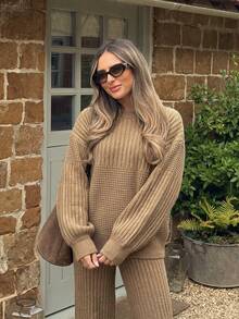 VIBEWAVE Khaki Waffle Knit Crew Neck Loose Sweater & Vertical Rib Wide Leg Pants 2pcs Set For Women, Lazy Minimalist Style, Autumn/Winter Home, Commute, Shopping Outfit - Brown - View 4