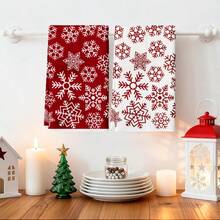 2pcs Christmas Snowflake Kitchen Dish Cloths, Red & White Snowflake Pattern Dish Towels, Holiday Winter Home Decor Kitchen Hand Towels - Red and White - View 3