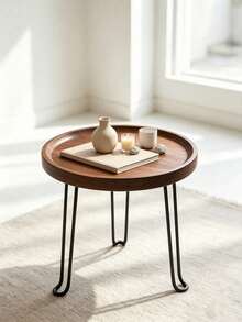 Folding Round Side Table, Walnut Wood Tray Side Table With Black Hairpin Legs, Small Portable Coffee Table For Living Room, Bedroom And Balcony, Minimalist Small Coffee Table, Space-Saving Side Table For Sofa ,Storage Tray Included As A Gift - Natural Brown - View 4
