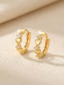 1對精緻金色心形立方鋯石Huggie耳環，可愛閃亮極簡風格女童飾品，適合日常配戴、學校、派對與節日禮物 - 金色 - 查看 1