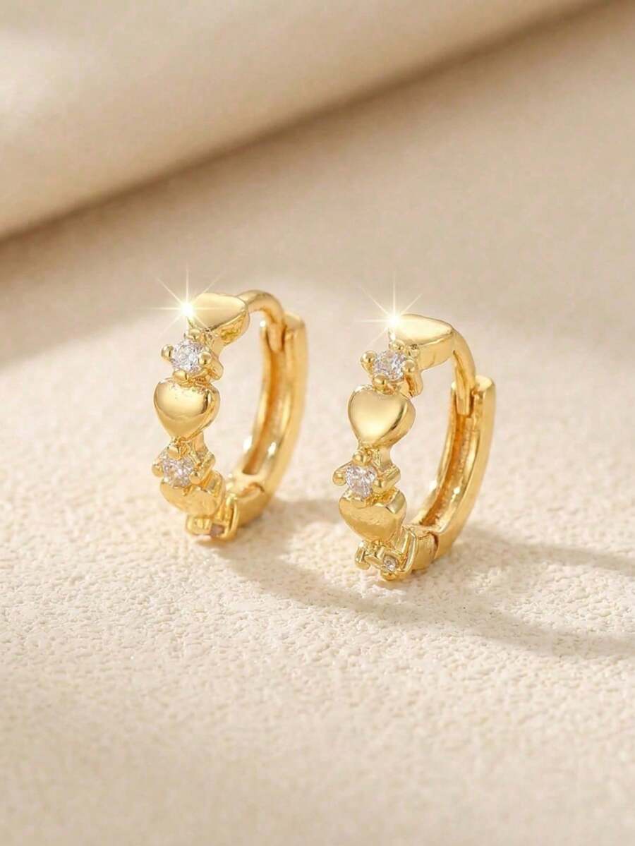1對精緻金色心形立方鋯石Huggie耳環,可愛閃亮極簡風格女童飾品,適合日常配戴、學校、派對與節日禮物 - 金色 - 查看 1