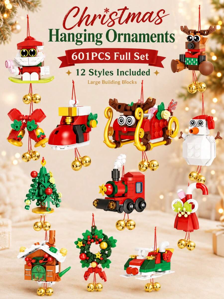 601PCS Christmas Hanging Ornaments Large Building Blocks Set, 12 Styles Included, Santa Reindeer Snowman Train Wreath Tree Decorations, Hang Or Display Holiday Home Decor, Sold As One Set - Multicolor - View 1
