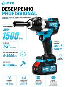 Chave de Impacto MTG 88V Sem Fio Brushless, Ferramenta Elétrica de Alto Torque 1/2", com 2 Baterias, Caixa de Transporte, Carregador e Acessórios para Parafusos e Manutenção Automotiva - Azul - Visão 5