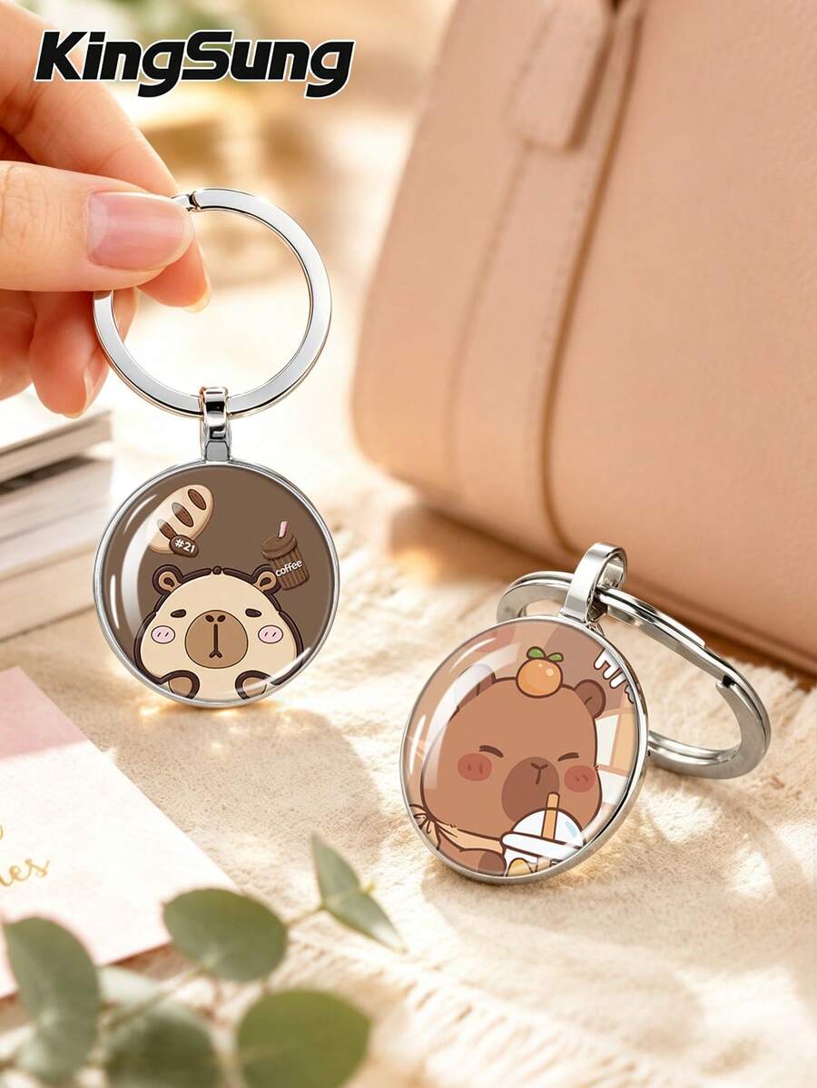 Kingsung Capybara Series Glass Pendant Keychain, Creative Accessory, Simple And Neutral Style. Suitable For Car Key Accessories, Backpack Accessories, And Bag Hooks. The Perfect Gift For Bridesmaids, Groomsmen, And Couples Is An Excellent Holiday Souvenir. - One Size - View 1