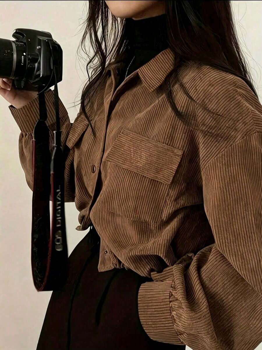 Chaqueta casual de un solo pecho de unicolor, versátil para uso diario de las mujeres - Marrón - Ver 1