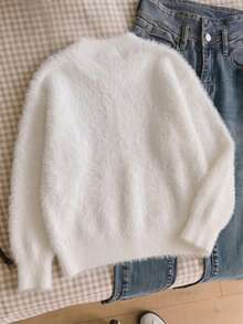 Girls Cute Gradient Cherry Faux Mink Knit Pullover Sweater, Suitable For Daily Wear, Vacation, Spring, Autumn, Winter - White - View 4