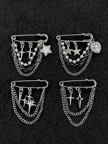 1pc Vintage Silver Chain Brooch Pin, Four-Pointed Star Heart Pearl Pendant, Street Cool Girl Jacket Decoration Accessory - Multicolor - View 1