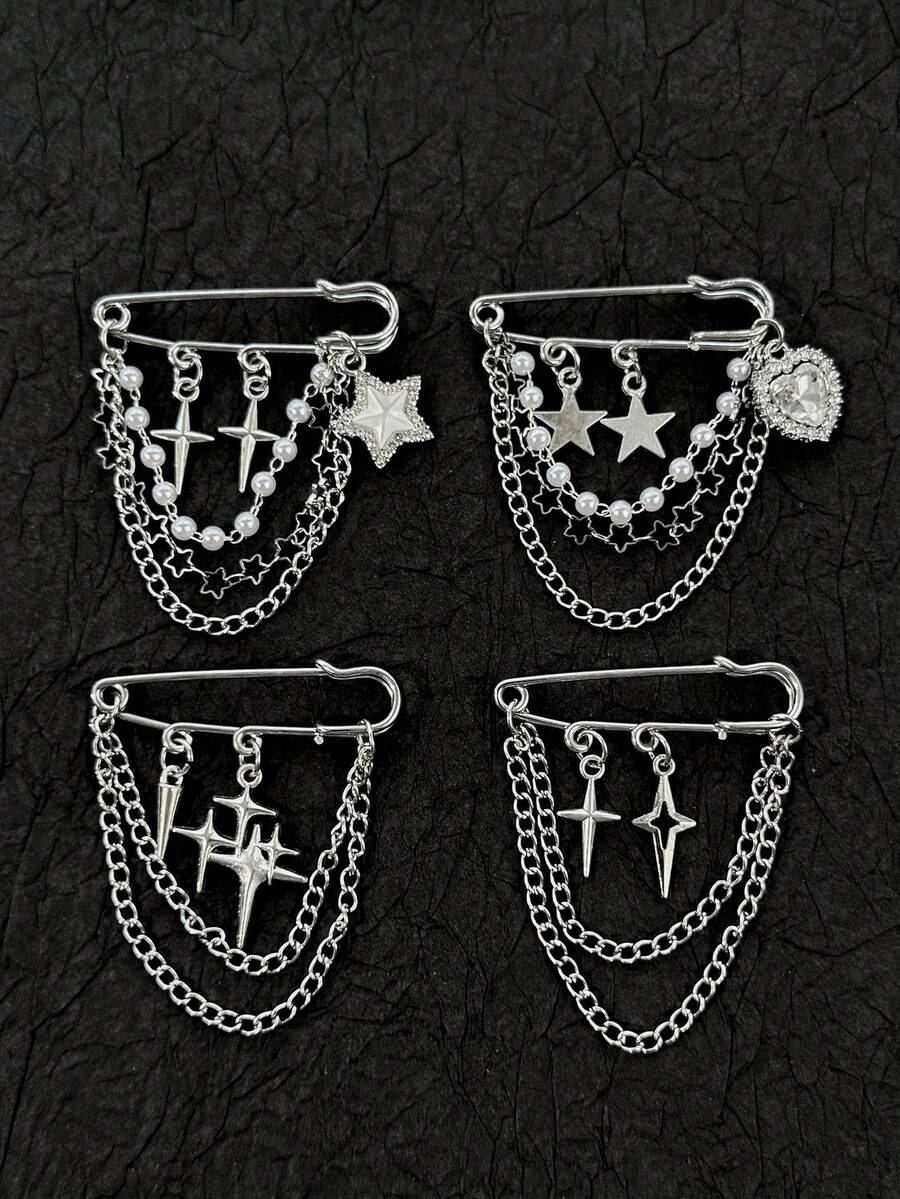 1pc Vintage Silver Chain Brooch Pin, Four-Pointed Star Heart Pearl Pendant, Street Cool Girl Jacket Decoration Accessory - Multicolor - View 1