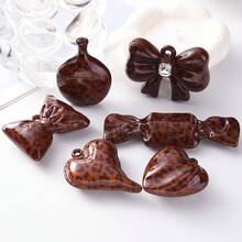 2pcs Vintage Brown Leopard Print 3D Pendant With Rhinestone Bow Candy Heart Charm, DIY Handmade Sweater Chain Keychain Bag Pendant Material - Brown - View 5