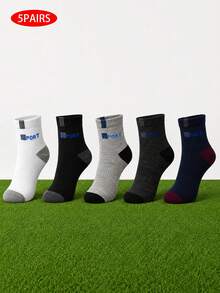 5 Pairs Men's Colorblock SPORT Logo Mid-Calf Athletic Socks, Ribbed Non-Slip Cuff, Soft Breathable Moisture-Wicking, Suitable For Running And Fitness - Multicolor - View 7