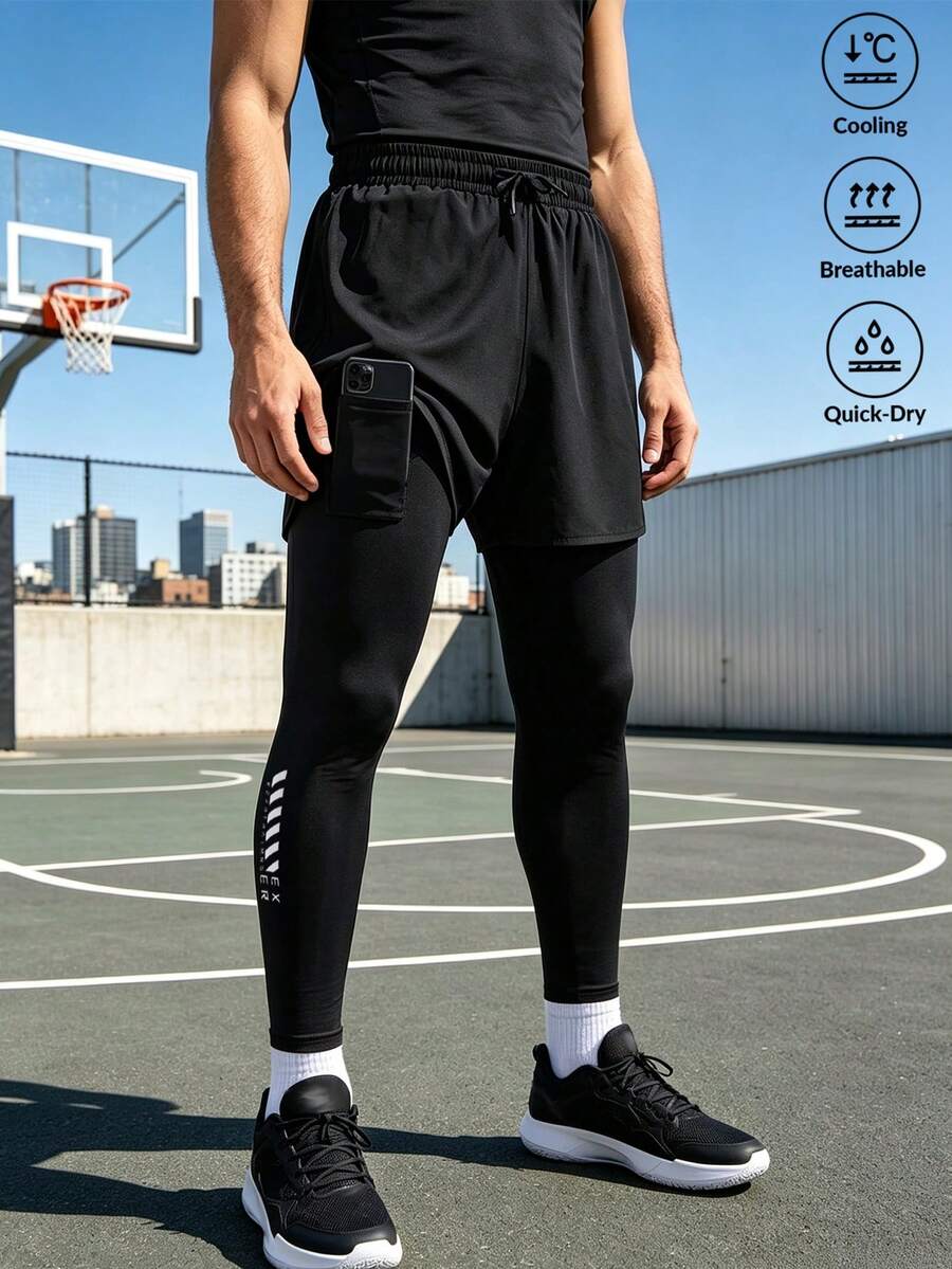 Men's Spring/Autumn 2 In 1 Sports Long Pants, Elastic Lining With Pockets, Jogging Print Training Pants - Black - View 1