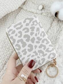 Fashionable Leopard Print Women's Short Wallet, With A Chain Keychain Zipper, Multifunctional Credit Card Holder, Multi Slot Credit Card Storage Bag - Grey - View 8