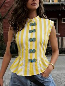 Atasan Tank Tanpa Lengan Bergaris Kasual untuk Musim Semi/Gugur, Desain Blok Warna, Penutup Kancing, Hem Berlipit, Blus Wanita Elegan Warna Kuning untuk Musim Panas - Kuning - View 8
