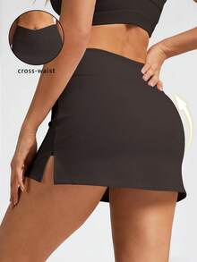 6pecil 2026 Women's Skirt, Criss-Cross Waist, Side Slit, Built-In Shorts, Suitable For Yoga, Pilates, Gym Workout, All Seasons - Coffee Brown - View 1