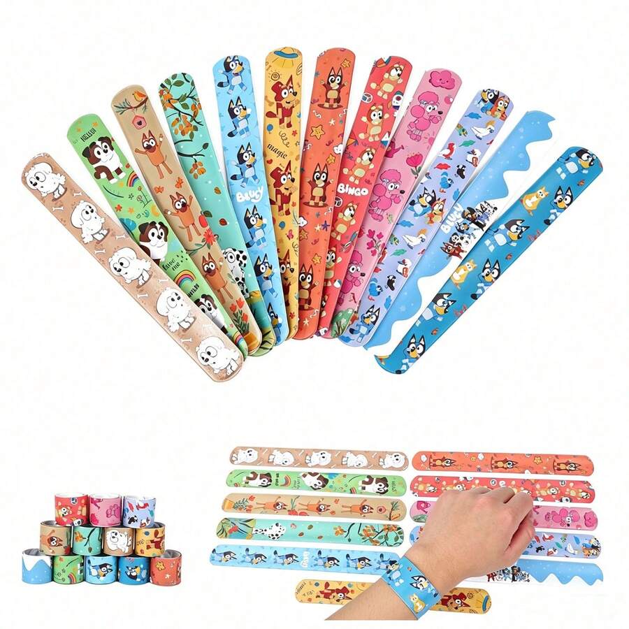 Bluey 12pcs/Set Cartoon Clapping Bracelets, 12 Unique Designs, Fun Party Favors And Holiday Decorations, Suitable For Birthday Parties, Events And Celebrations, Colorful Clapping Bracelets With Cute Patterns, Party Fillers, Carnival Toys - Multicolor - View 1