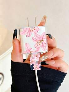 Cute Lily Flower Charger Protector Set, Transparent Charger Adapter Protective Case, Cable Protector Decoration Set, Fashion Floral Pattern Charging Accessories, Suitable For Daily Use - Pink Flower Graphics - View 3