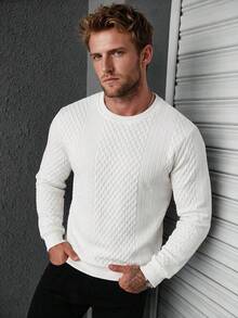 Men's Autumn Embossed Print Crew Neck Sweatshirt, Long Sleeve Top - White - View 3