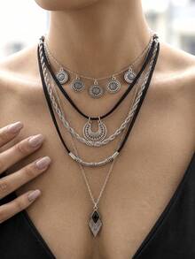 1 Set Women's Multi-Layer Necklace Set, Rust-Proof Layered Accessories, Long Chain & Choker, Gift For Party - Multicolor - View 5
