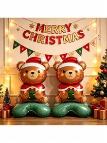 2pcs 24.80 Inch Christmas Theme Teddy Bear Foil Balloons With Stand Base, Standing Balloons For Indoor Party, Window Display, Holiday Atmosphere Decoration Props - Christmas Bear With Base - View 4