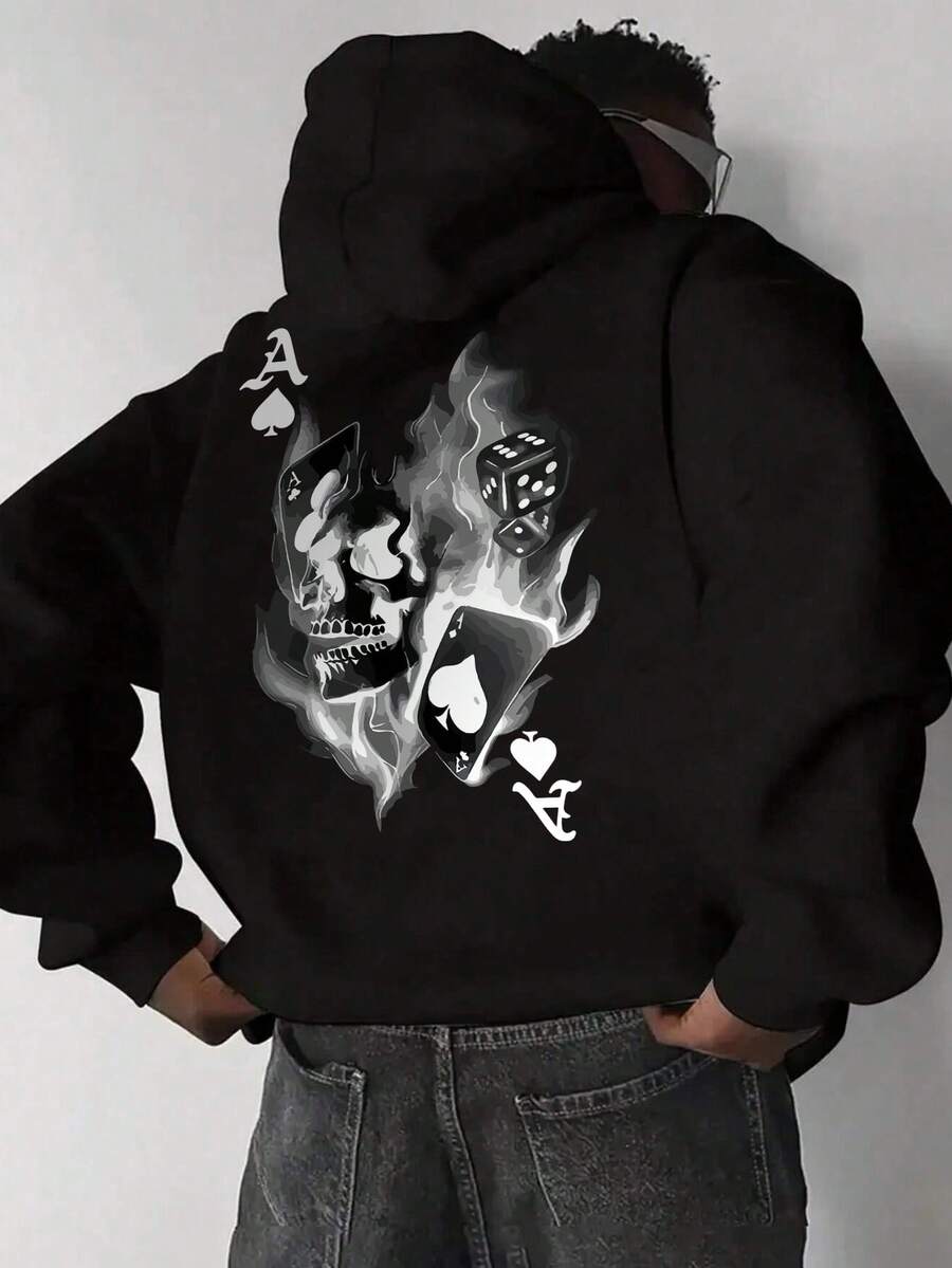 Halloween Exclusive Men's Autumn/Winter Fashion Skull & Playing Card Print Comfortable Kangaroo Pocket Drawstring Hooded Fleece Sweatshirt - Black - View 1