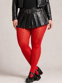 1PC Women's Plus Size Red Polka Dot Tights, Black Dot Pattern Pantyhose, Curve Fit Retro Fashion Stockings - Red - View 9