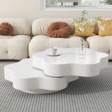 N625P300082083W) طاولة قهوة على شكل زهرة، سطح علوي دوار 360°، طاولة غرفة معيشة دوارة، طاولة أريكة الطبقة، 2 سطح تخزين، سعة حمولة إجمالية موصى بها 30 كجم، MDF، أبيض كريمي - أبيض - مشاهدة 1
