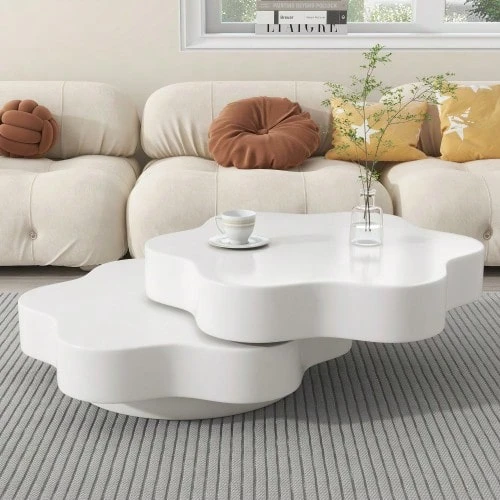 N625P300082083W) طاولة قهوة على شكل زهرة، سطح علوي دوار 360°، طاولة غرفة معيشة دوارة، طاولة أريكة الطبقة، 2 سطح تخزين، سعة حمولة إجمالية موصى بها 30 كجم، MDF، أبيض كريمي - أبيض - مشاهدة 1