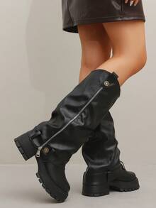 Women Knee High Boots, Zip Closure, Buckle Strap, Chunky Sole - Black - View 2