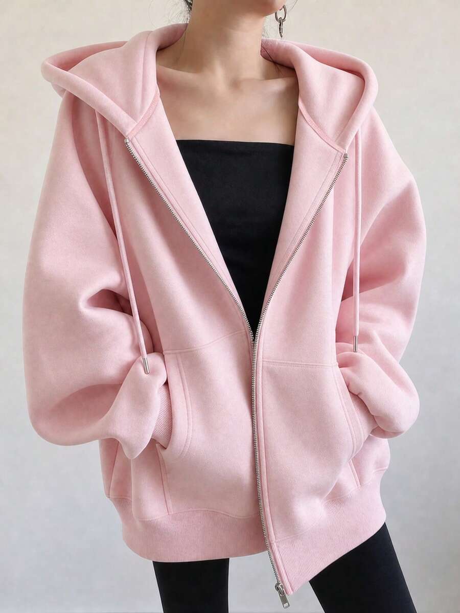 Plus Size Women's Zip-Up Sweatshirt With Drawstring And Pockets Casual - Baby Pink - View 1