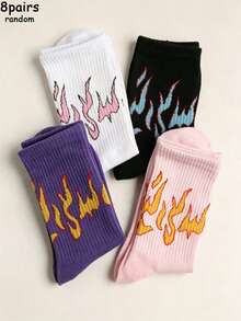 4/8 Pairs Niche Design Flame Pattern Unisex Mid-Calf Socks, American Vintage Vertical Stripe Texture, Ins Personalized Style, Random Style, Street Hip-Hop Versatile Casual Sports Socks, Couple Socks - Multicolor - View 10