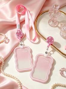 Cute Wavy Edge Gradient Transparent ID Card Holder With Lanyard, Ins Minimalist Soft Silicone Card Sleeve, With Shiny Rhinestone Round Retractable Badge Reel And Detachable Halter, Card Storage Box, Anti-Loss Lanyard,Travel Essential - Multicolor - View 2