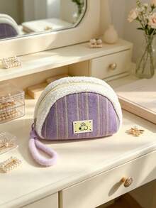 1pc Striped Plush Zipper Pouch, Soft Fuzzy Cosmetic Pouch With Wrist Strap, Cute Half-Moon Storage Pouch, Portable Small Pouch For Coins, Lipstick & Sundries, Fluffy Trim Design Makeup Pouch, Versatile Daily Storage Pouch For Travel & Daily Carry - Multicolor - View 5