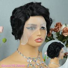 Peruca de Cabelo Humano Frontal de Renda HD 13x4X1, Peruca de Cabelo Humano Pixie com Cachos Soltos para Mulheres, Peruca de Cabelo Humano Afro Cacheado Remy Brasileiro, Peruca de Cabelo Humano Preto, 6 Polegadas, Densidade de 150%, Uso em Feriados e Festas - Natural Black - Visão 8