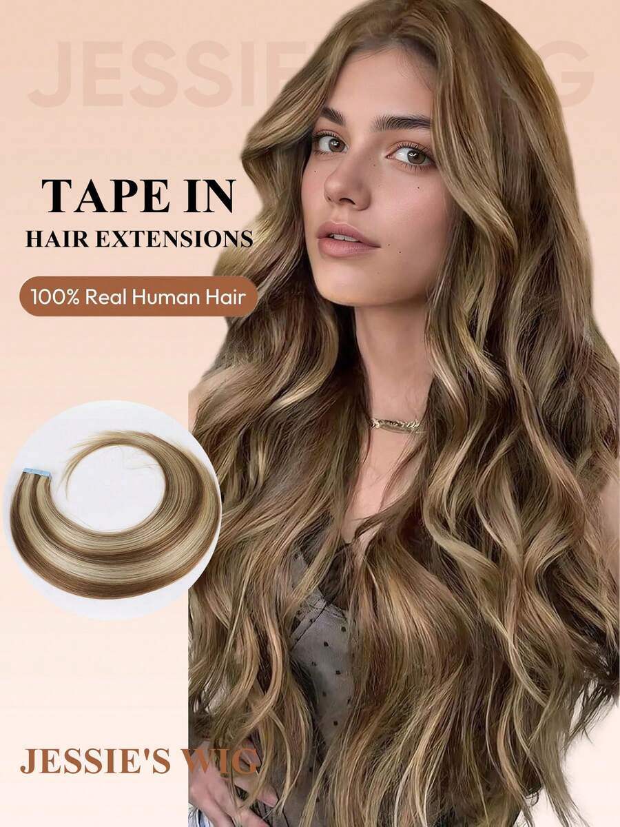 Jessie's Wig 20pcs 50g Tape In Hair Extension, 100% Real Remy Human Hair Extension For Salon Silky Seamless Invisible Skin Weft Tape Ins, Highlight Color, For Thinning Hair Woman Natural Look Can Be Reused ,Add Volume Halloween Costumes 10P613# - S10/613 - View 1