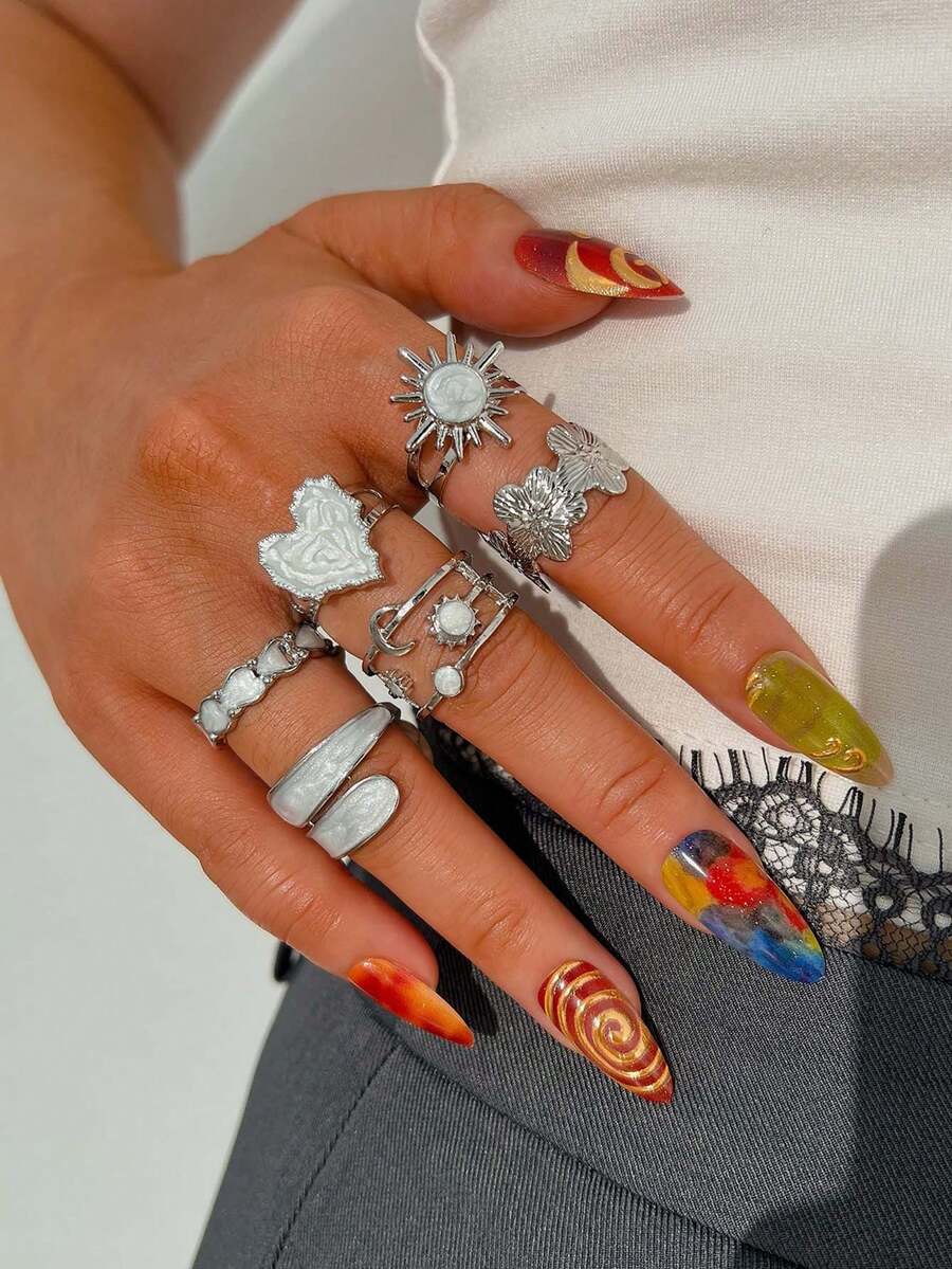 6pcs Elegant Vintage Fashion Oil Drop Heart Flower Star Moon Geometric Hollow Out Rings Set, Suitable For Women's Daily Wear - Silver - View 1