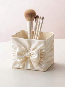 1pc Elegant Satin Bow Makeup Organizer Box, Makeup Brush Holder, Transparent Plastic Container, Hair Accessory Storage Box, Desktop Jewelry & Accessories Storage Basket, Multi-Functional Vanity Drawer Organizer, Suitable For Bedroom, Office, Countertop, Beauty Tool Storage Rack - Multicolor - View 2
