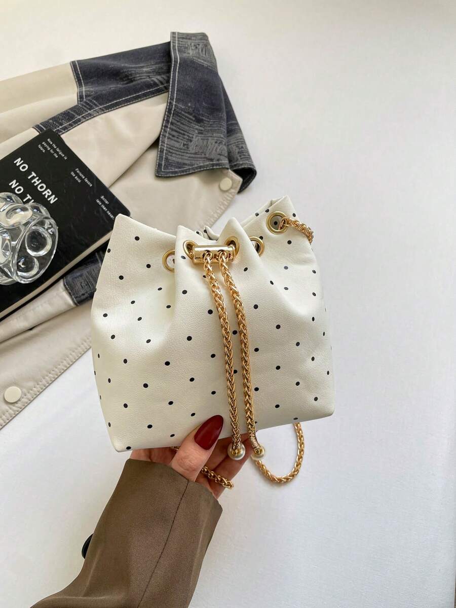 Mini New Fashion Straw Woven Gold Chain Drawstring Bucket Bag Beach Bag