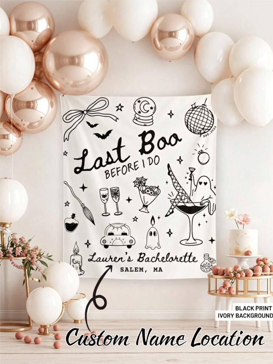 Customizable Color, Name, And Location Halloween Spooky Bachelorette Party Backdrop Banner; Last "Boo" Banner Before The Wedding; Bridal Farewell Party Backdrop; Witch-Themed Bridal Shower. Polyester Material. - Type a - View 1