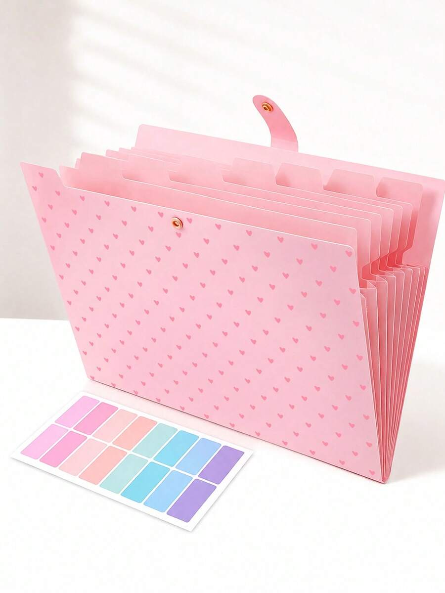 Heart Polka Dot Pattern 8-Pocket Expanding File Folder, Accordion-Style Paper Organizer With Colorful Labels, Portable Expandable Bill & Receipt Holder, A4 Letter Size Document Storage, Suitable For Home, School And Office Supplies - Multicolor - View 1