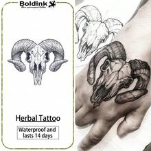 Boldink Animal Pattern Temporary Tattoo Set | Skull Goat Totem Design | Unisex Arm/Chest Tattoo | Waterproof, Long-Lasting 14 Days | Matte Realistic Tattoo | Perfect For Gym, Party & Attention-Grabbing - Black - View 1