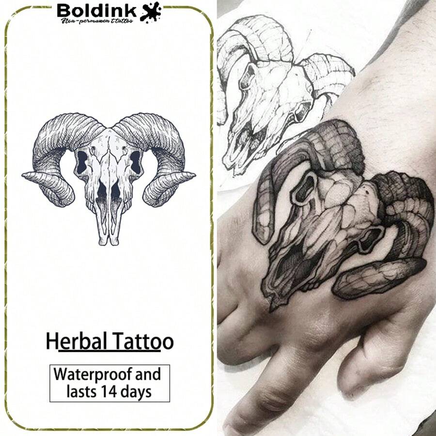 Boldink Animal Pattern Temporary Tattoo Set | Skull Goat Totem Design | Unisex Arm/Chest Tattoo | Waterproof, Long-Lasting 14 Days | Matte Realistic Tattoo | Perfect For Gym, Party & Attention-Grabbing - Black - View 1
