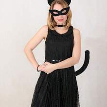 Set Kostum Kucing 4 Bagian dengan Kalung Telinga Kucing dan Topeng Hitam Pendek untuk Wanita, Perlengkapan Cosplay Halloween untuk Dewasa - MultiWarna - View 2