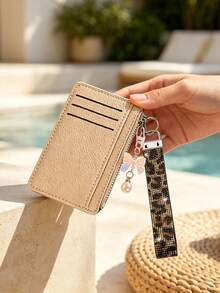 Slim Pu Leather Card Holder Wallet,Multi Card Slots Coin Purse With Rhinestone Wristlet Strap Bow Pendant Keychain, Portable Id Card Case Daily Use - Multicolor - View 2