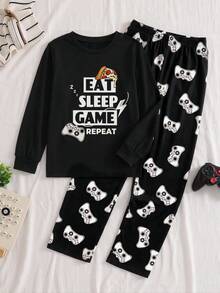 Boys English Alphabet Print Pajama Set, Crew Neck Long‑Sleeve Top & Game Controller Printed Elastic Long Pants, Soft Cozy Sleep Loungewear For Kids - Black - View 1