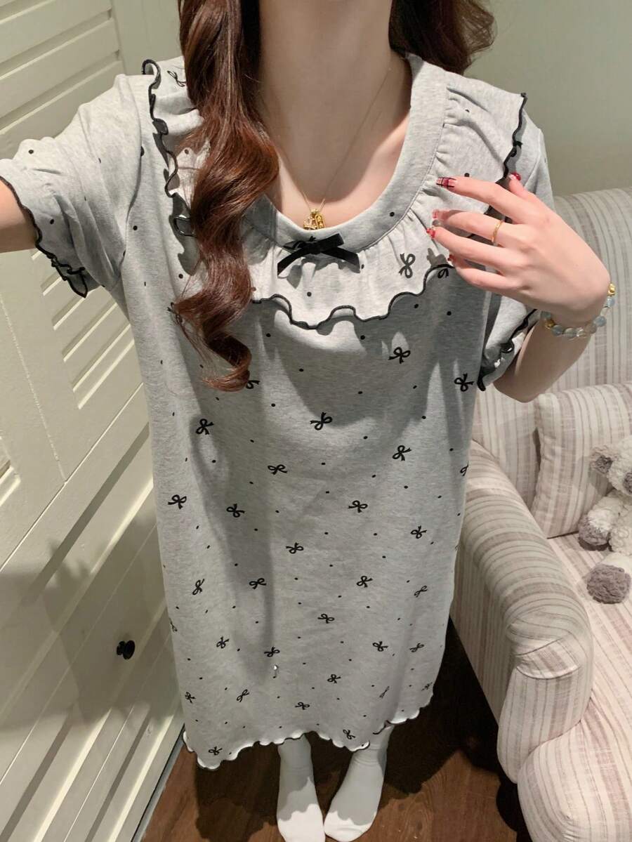 1pc Women's Nightgown, Spring/Summer Pullover Bow Print Fashion Short Sleeve Sleep Dress, Comfortable For Home Wear - Grey - View 1