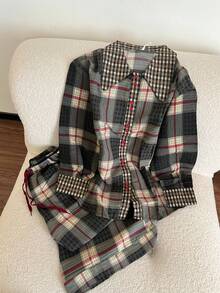 Contrast Plaid Women's Pajamas Slouchy Home Wear 2pcs Set - Multicolor - View 2