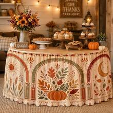 1pc Party Tablecloth Table Skirt, Autumn Harvest Table Skirt With Leaf, Pumpkin, Sun And Moon Pattern, Thanksgiving Decor For Dining Room, Kitchen, Living Room - A - View 3