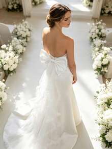 Satin 3D Large Bow Mesh Train Back Decor Wedding Dress Atmosphere Decorative Waist Belt - White - View 5