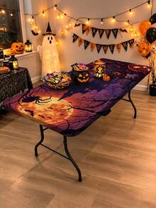 1pc Halloween Elastic Rectangular Tablecloth, Full Moon Haunted House Pumpkin Ghost Print, Outdoor Yard Party, Halloween Popular Decoration, Holiday Banquet Table Protector - C - View 2